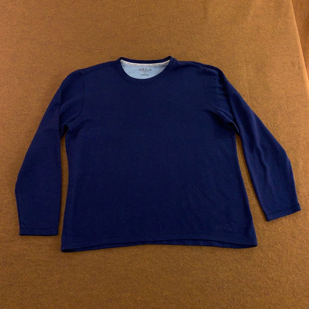 Orvis Men Large Navy Blue Long Sleeve Rayon Blend Crewneck T-Shirt